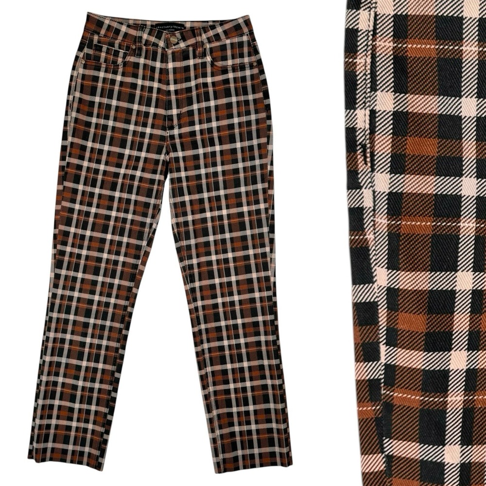Sanctuary Denim High Rise‎ Ankle Straight Jeans In Brown Plaid Size 27 Raw Hem